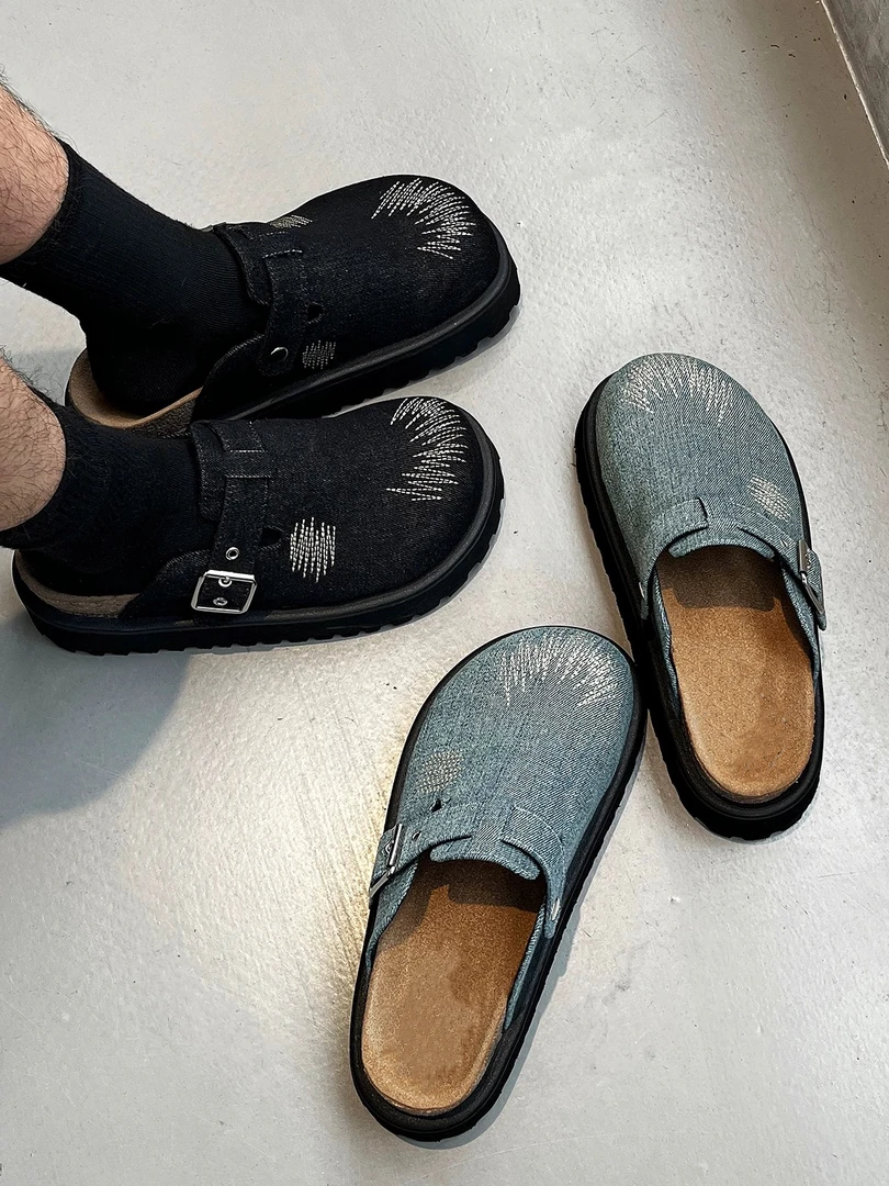 BORDERLINE原创牛仔布复古刺绣增高勃肯鞋