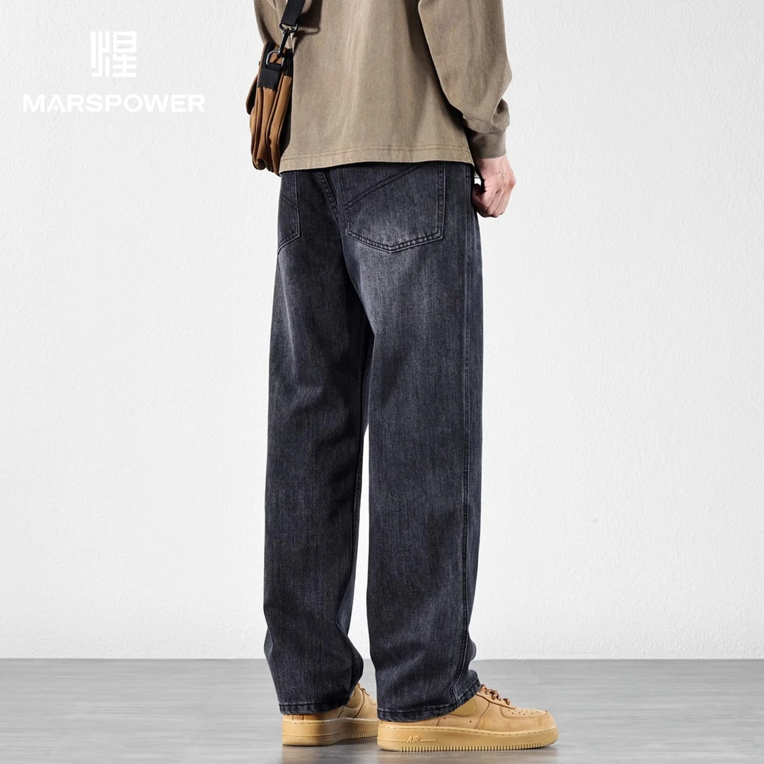 Cebrodz黑灰色直筒牛仔裤男士秋冬款2024新款宽松百搭阔腿长裤