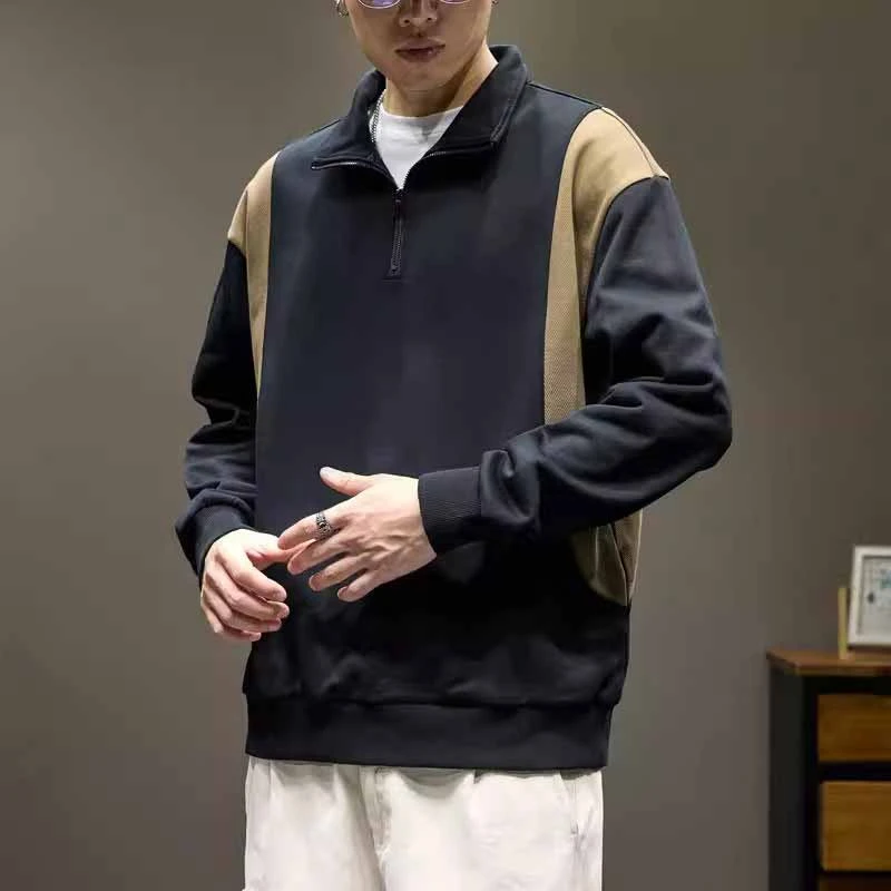 Cebrodz美式休闲重磅拼接撞色Polo衫男秋季宽松半拉链立领卫衣