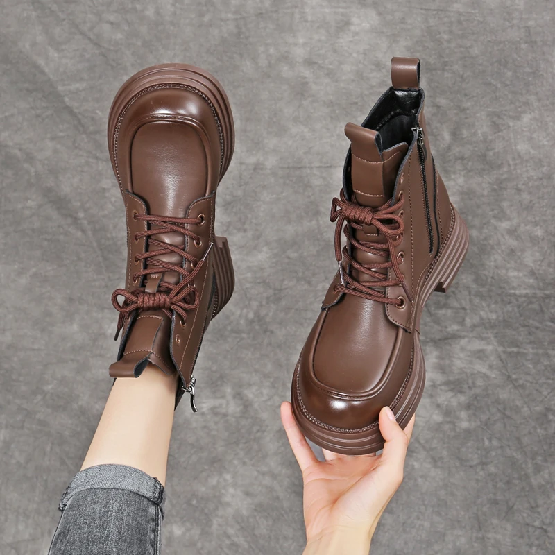 真皮复古马丁靴女2023年秋冬新款休闲显脚小瘦瘦靴软底炸街小短靴