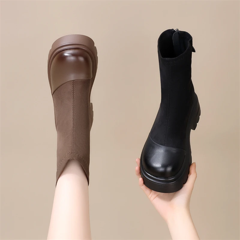 复古粗跟弹力瘦瘦短靴女2024年秋冬新款增高绒面后拉链炸街马丁靴