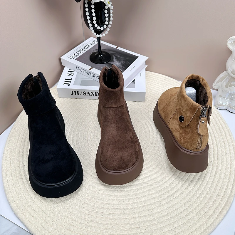 爆款厚底增高加绒雪地靴女2025冬季新款勃肯防寒保暖复古软底短靴