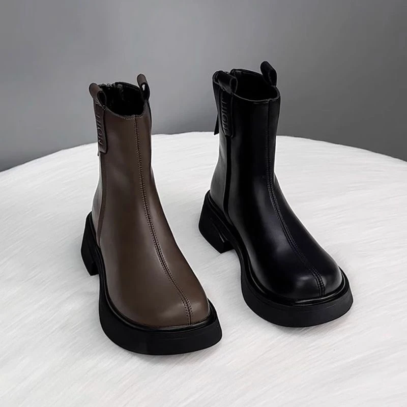 复古爆款厚底马丁靴女2025秋冬新款英伦时尚中跟显瘦加绒圆头短靴