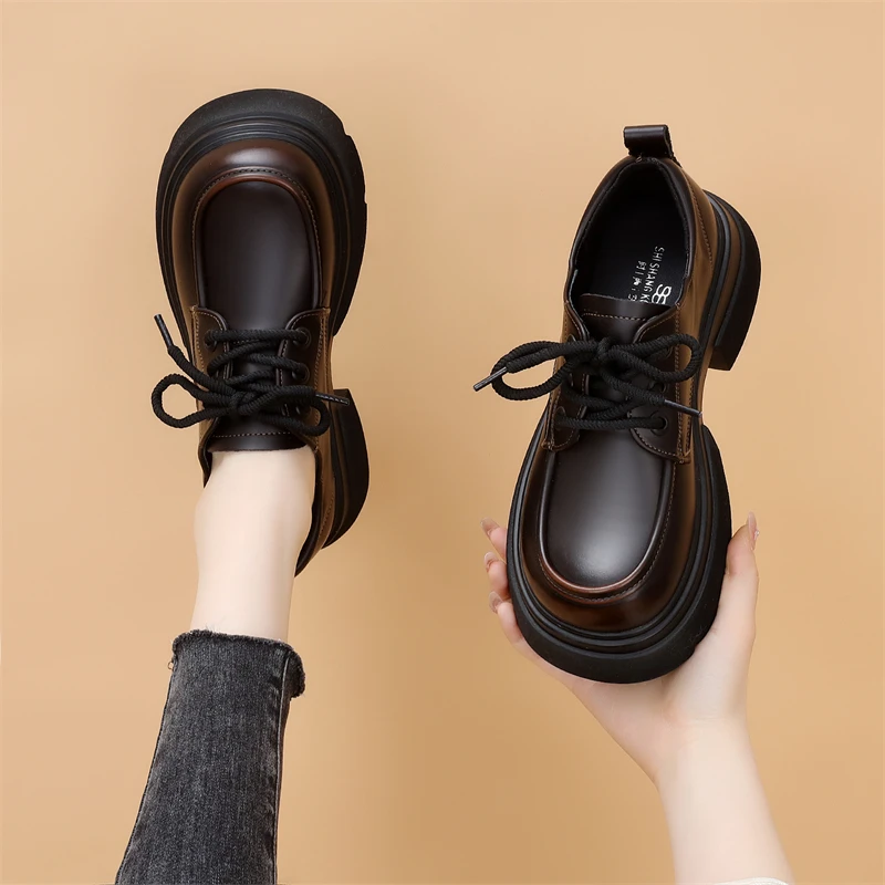 爆款厚底乐福鞋女2025春季新款系带粗跟小个子增高显瘦炸街小皮鞋
