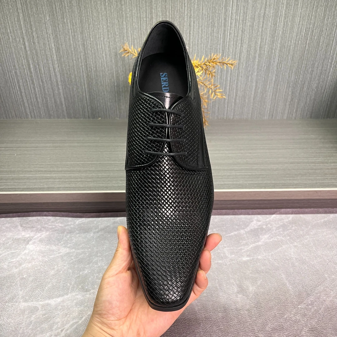 编织皮鞋男方头商务正装德比鞋四季英伦风黑色真皮高级感牛皮男鞋