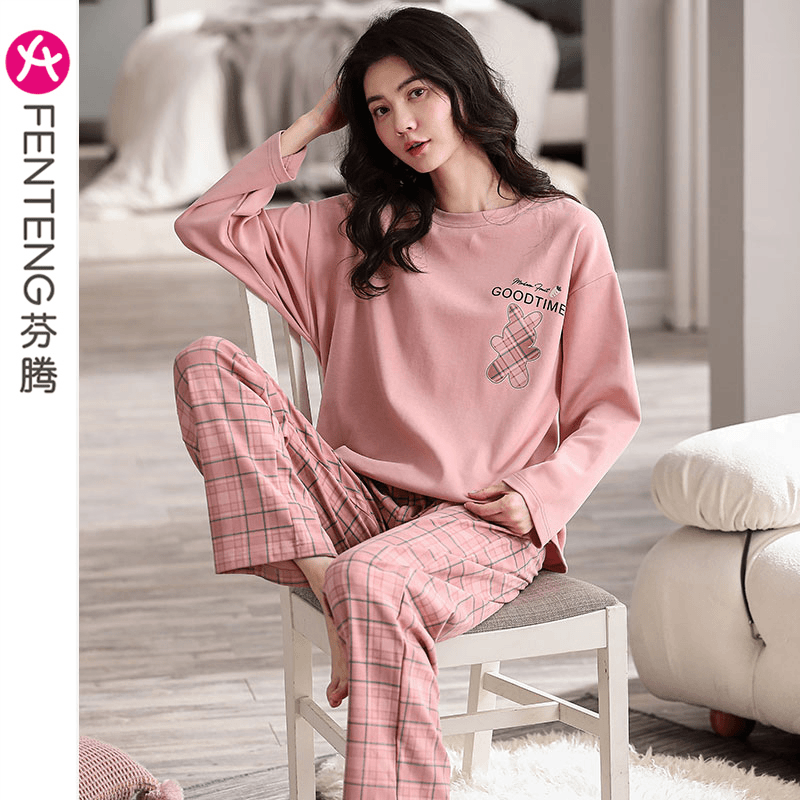 芬腾女士睡衣春秋季纯棉长袖夏天少女卡通可爱大码全棉家居服套装