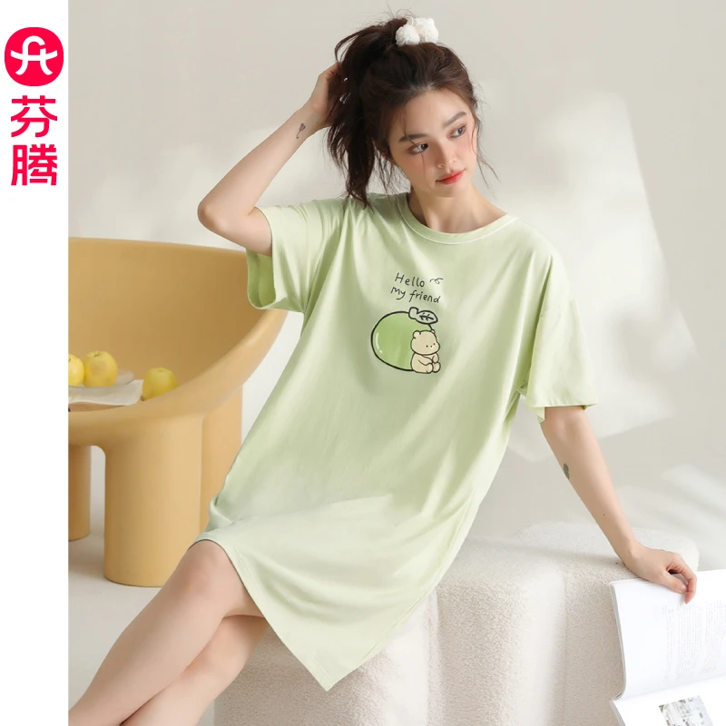芬腾女士睡裙夏季薄款纯棉短袖休闲透气可爱睡衣大码家居服中长裙