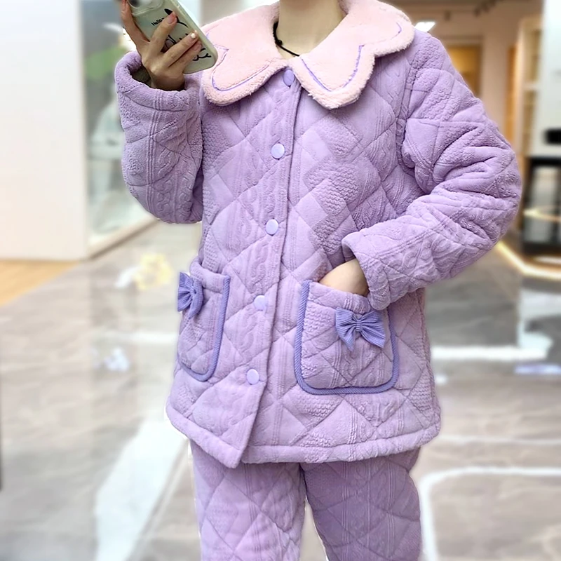 芬腾【0℃下穿】三层夹棉睡衣女冬超厚冬季三层夹加绒家居服冬款