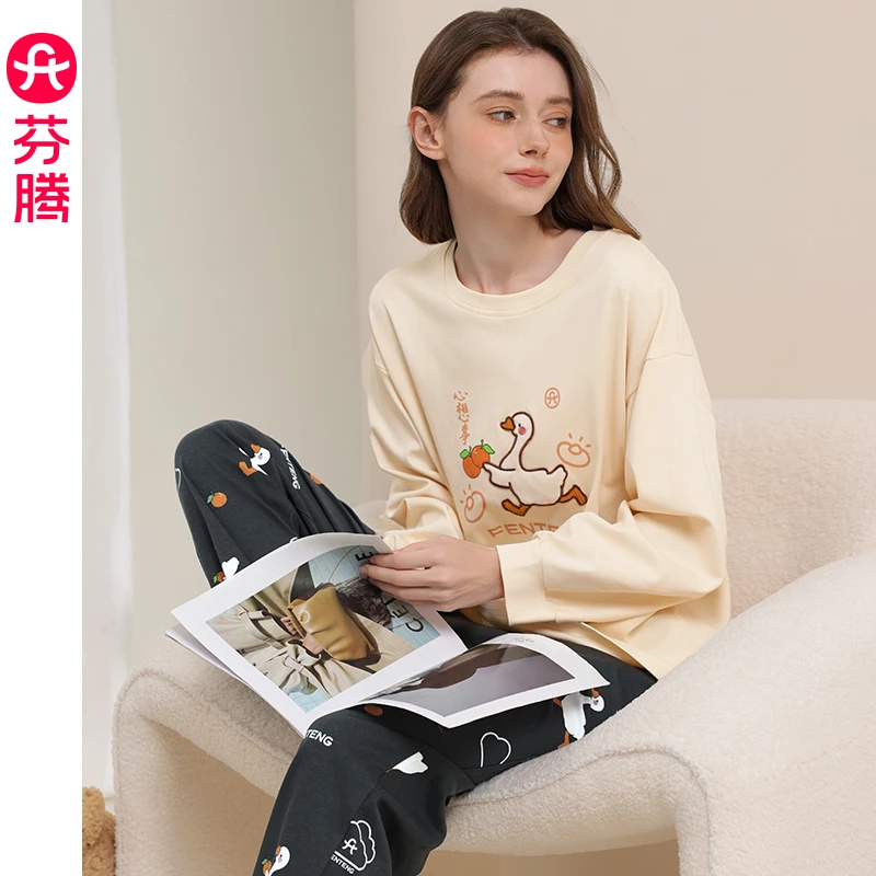 【大白鹅】芬腾春秋款睡衣情侣卡通可爱秋季纯棉女士家居服套装男