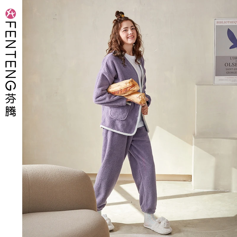 芬腾【双面速暖绒】睡衣女秋冬长袖开衫V领女士家居服保暖套装秋