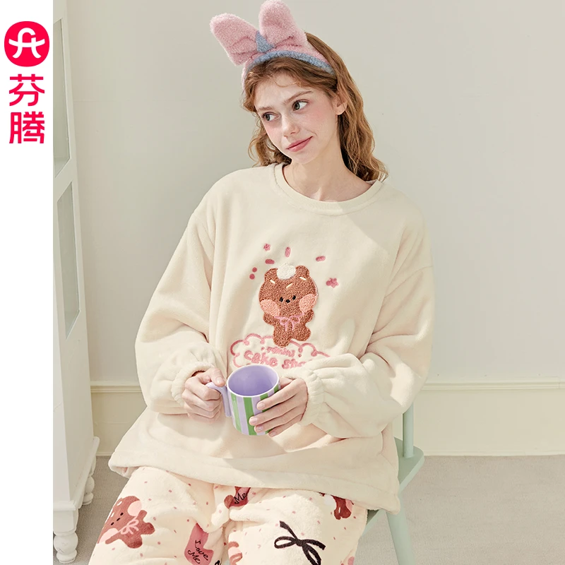 芬腾睡衣女款秋冬珊瑚绒厚款保暖套头女士套装冬天宽松大码家居服