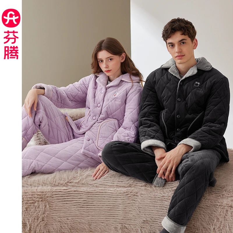 芬腾情侣睡衣三层夹棉冬季女款珊瑚绒加厚加绒保暖男士家居服套装