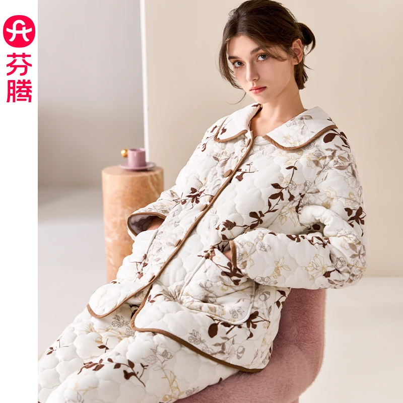 芬腾三层夹棉睡衣女款秋冬珊瑚绒加厚加绒套装保暖棉袄大码家居服