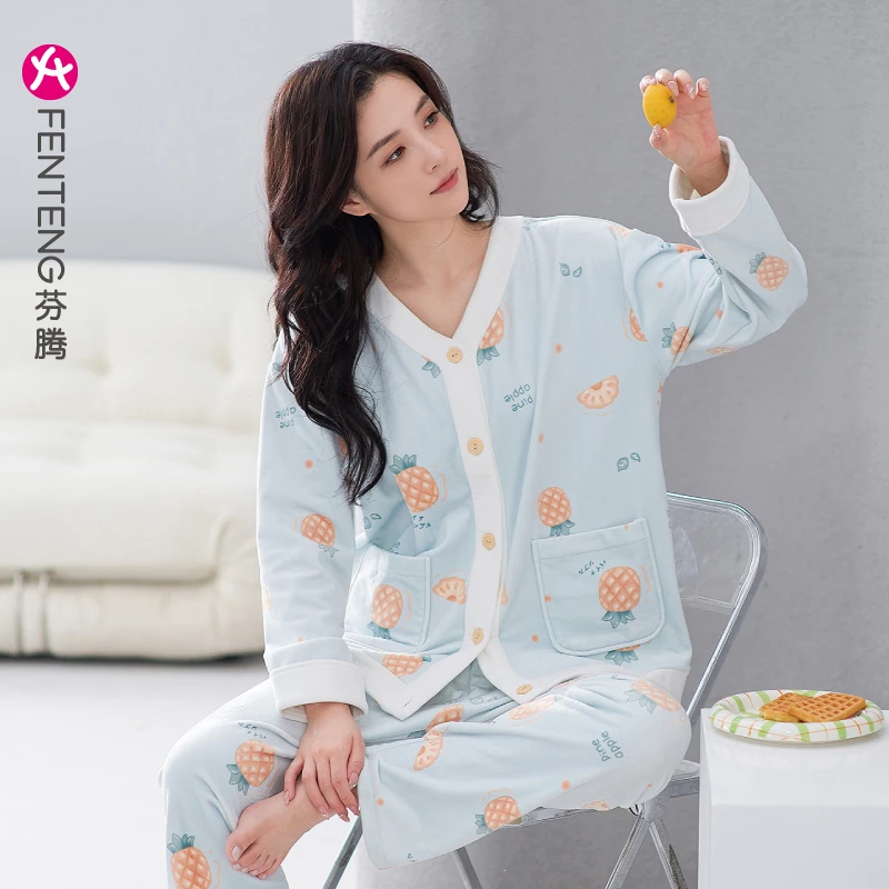 芬腾海岛绒女士睡衣秋冬保暖长袖甜美套装法兰绒珊瑚绒加绒家居服
