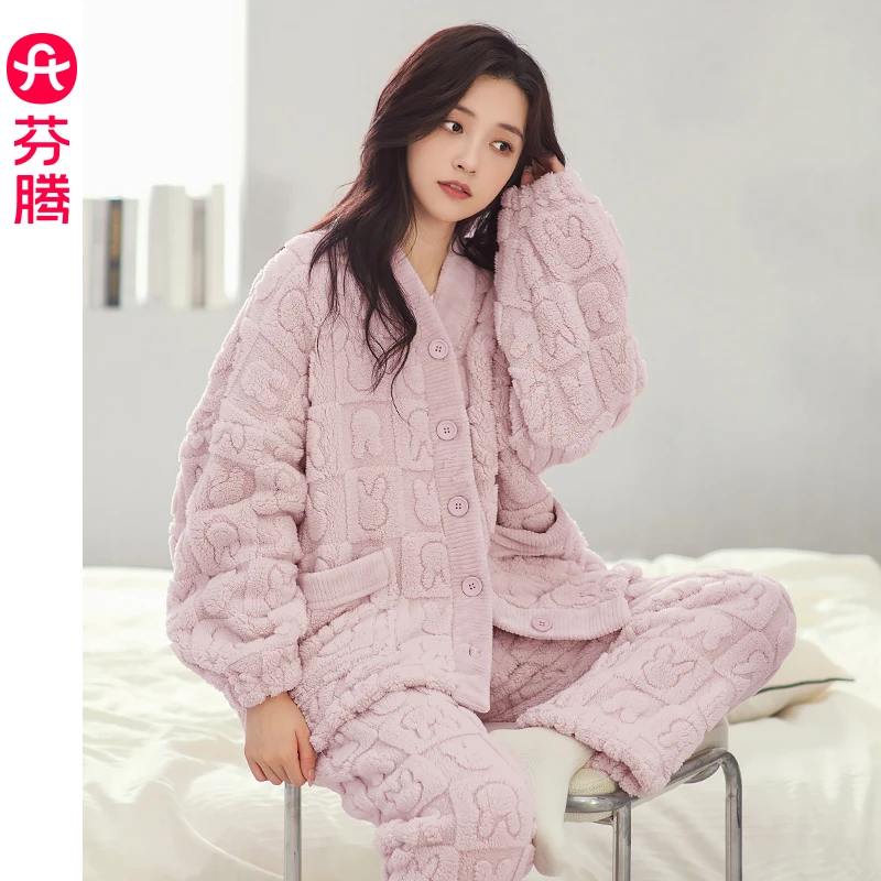 芬腾女士睡衣女冬季珊瑚绒加厚加绒甜美保暖可外穿秋冬家居服套装