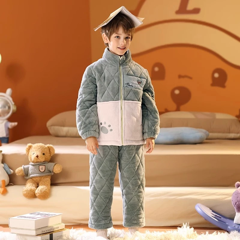 芬腾男童睡衣冬季珊瑚绒三层加厚夹棉袄男孩儿童中大童加绒家居服