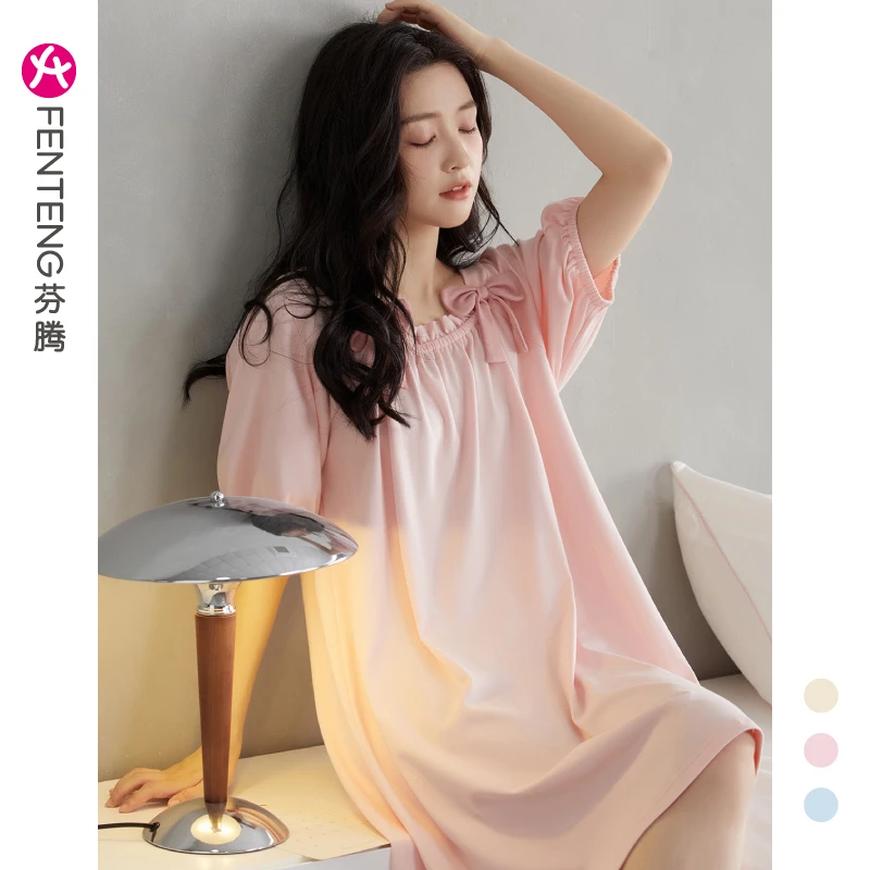 芬腾睡裙女夏季纯棉法式连衣裙夏天薄款短袖睡衣女生夏款性感短裙
