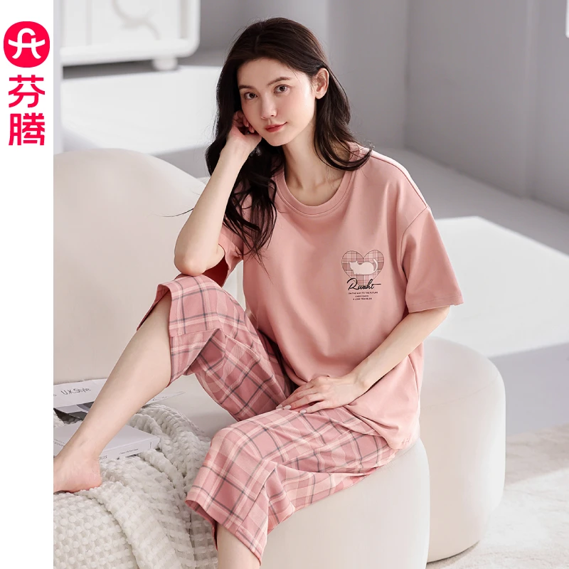 芬腾睡衣女款爆款2025新款纯棉短袖七分裤夏季薄款大码家居服套装