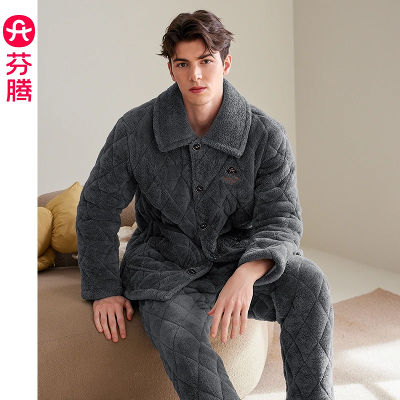 芬腾睡衣男士秋冬珊瑚绒三层夹棉加厚棉袄冬季保暖大码家居服套装
