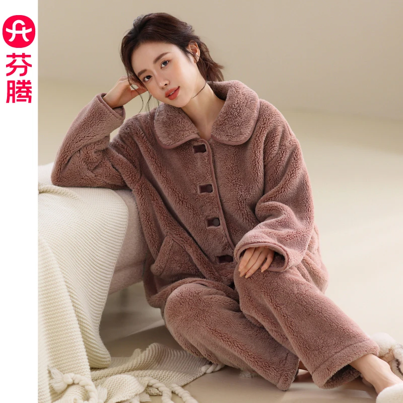芬腾秋冬睡衣女款加绒加厚保暖长袖珊瑚绒大码冬季女士家居服套装
