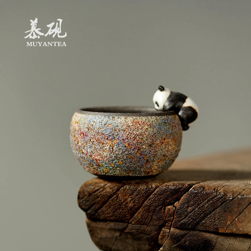 慕砚岩矿熊猫茶杯高越柴烧纯手工茶盏创意老岩泥茶具主人杯品茗杯