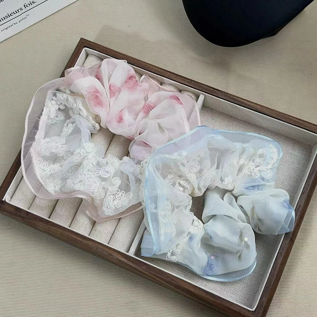浅色拼接大肠发圈超仙马尾网纱发绳发饰 1281