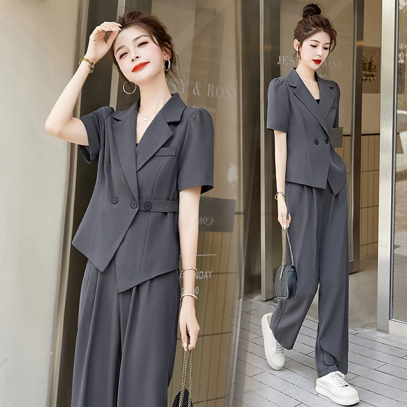 薄款短袖职业衣服洋气套装女夏季新款干练气质高级感阔腿裤两件套