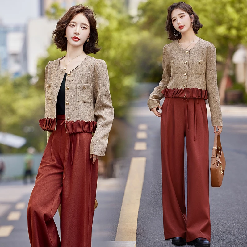 法式小香风套装女2024秋装新款时尚洋气减龄高腰显瘦阔腿裤两件套