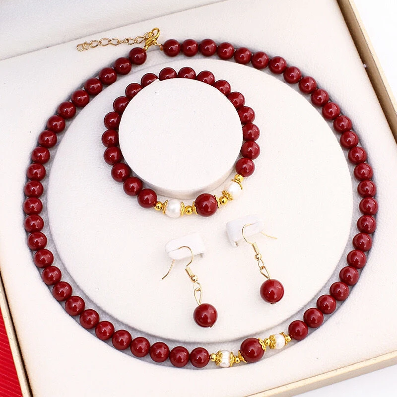 合金布艺项链 红色饰品三件套装