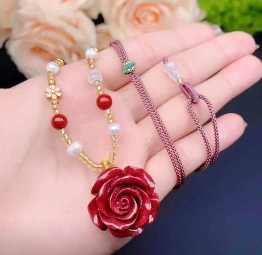 含辰砂工艺品朱砂玫瑰花时尚百搭红色吊坠新中式复古国风项链吊坠