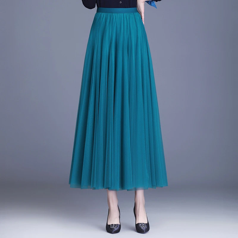 高档洋气秋冬半身裙女高腰中长款a字裙720度大摆网纱裙时尚网纱裙