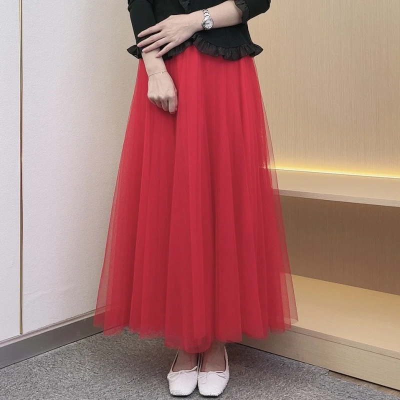 今年新款纱裙半身裙女720度大摆舞蹈裙网纱 广场舞中长款新疆舞裙