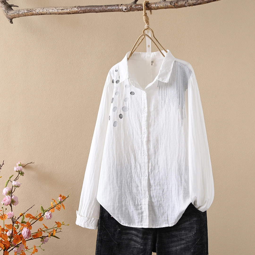 别致小众错位刺绣纯棉衬衫上衣百棉双层棉纱文艺森系风新款衬衫女