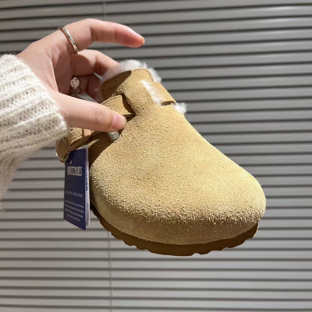 代工厂订单软木底勃肯鞋半拖秋冬毛毛鞋加绒包头拖鞋