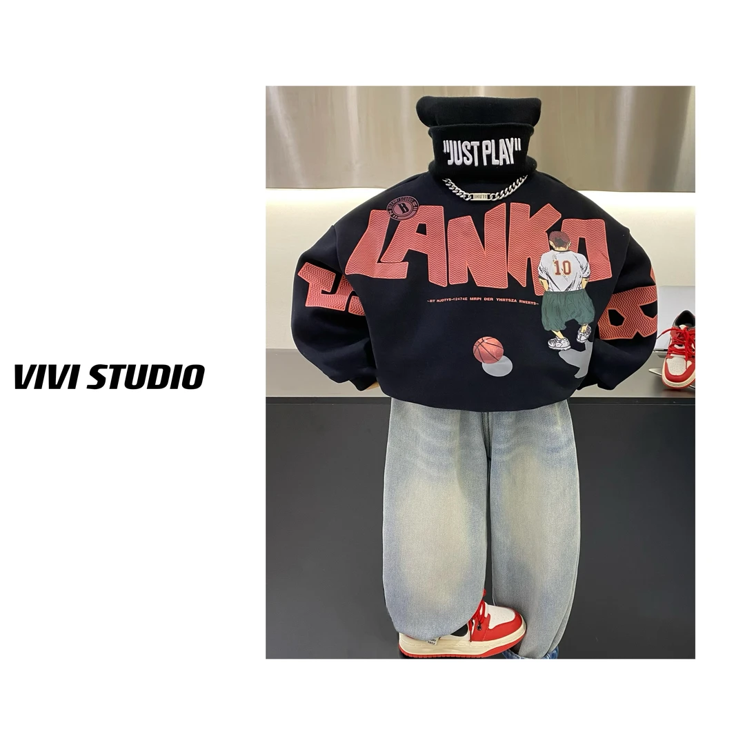 VIVI亲子装  「篮球小子」2023年冬款新年限定印花涂鸦加绒圆领卫衣