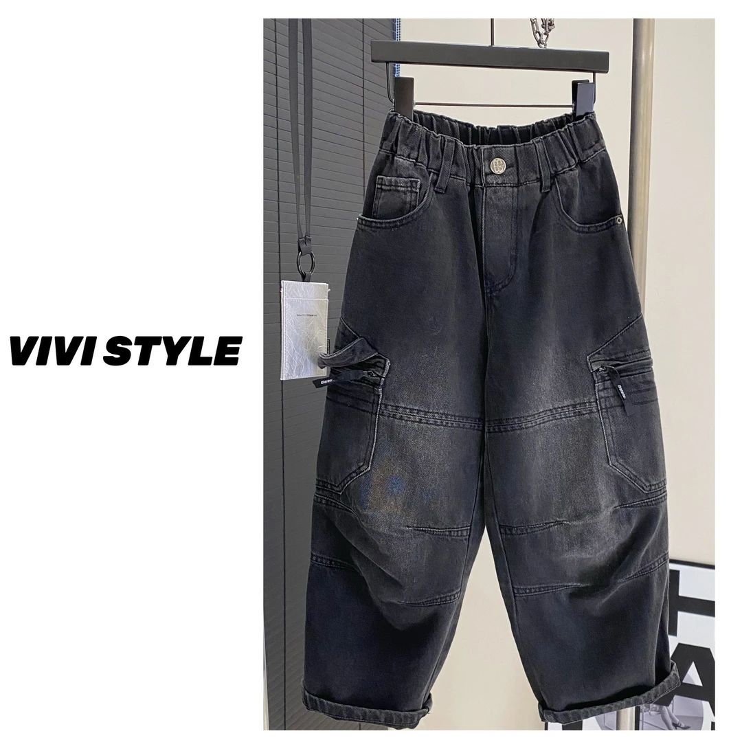 VIVI童装 秋款潮酷时尚水洗渐变柔软工装风牛仔长裤