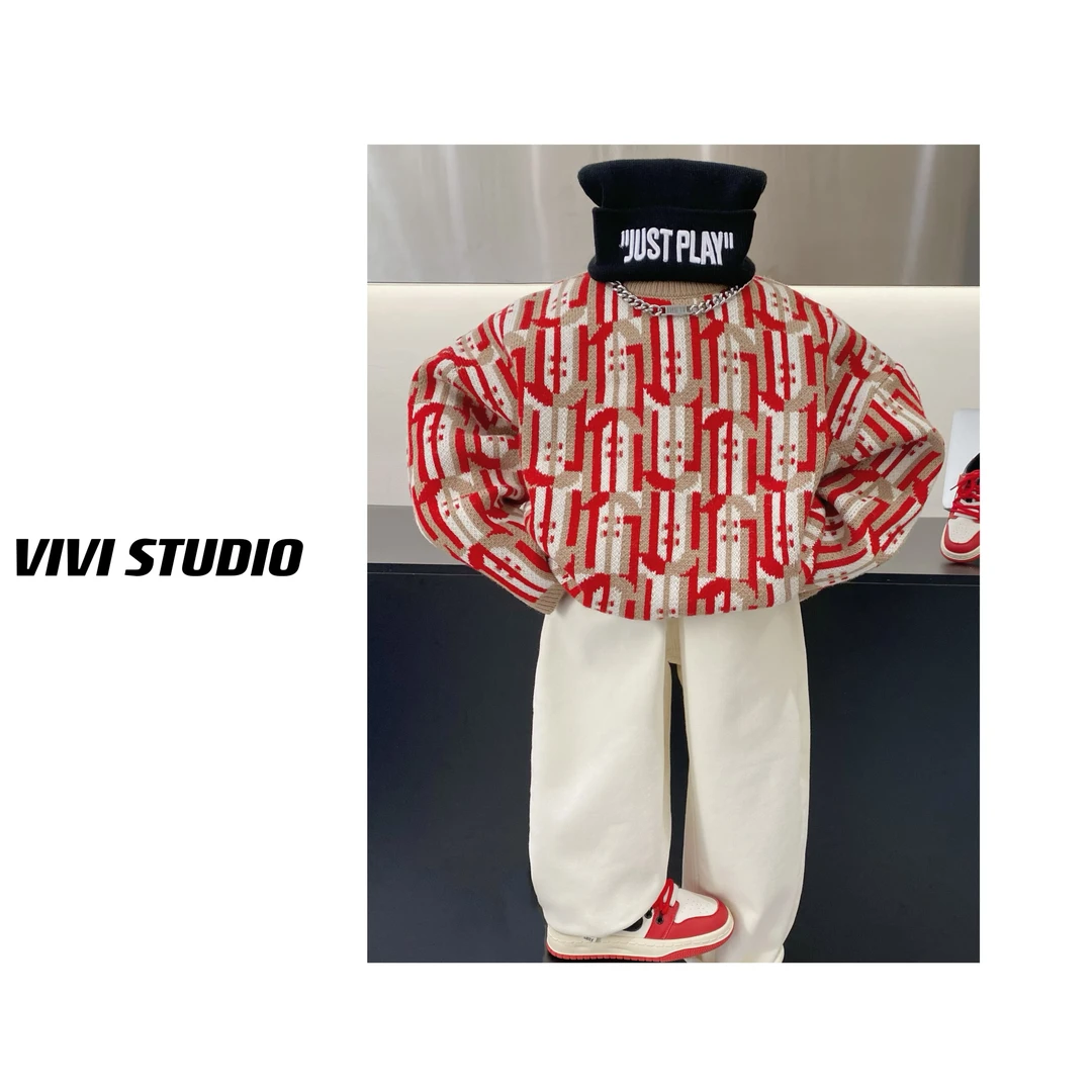 VIVI亲子装「龙年快乐」2023年冬款设计款涂鸦芝麻针织厚实圆领毛衣