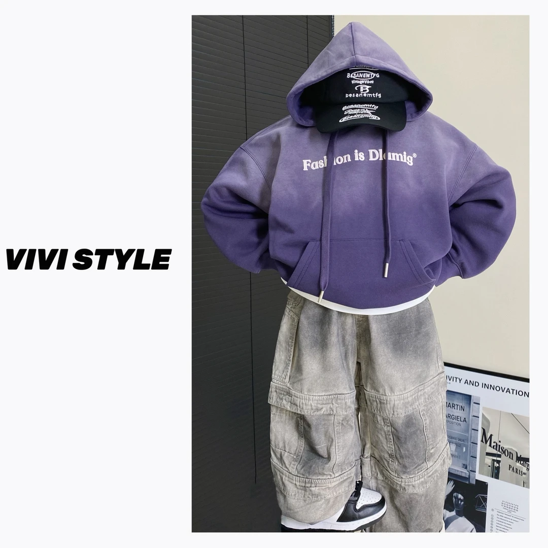 VIVI童装 秋款休闲潮流时尚洋气渐变扎染印花字母连帽口袋卫衣