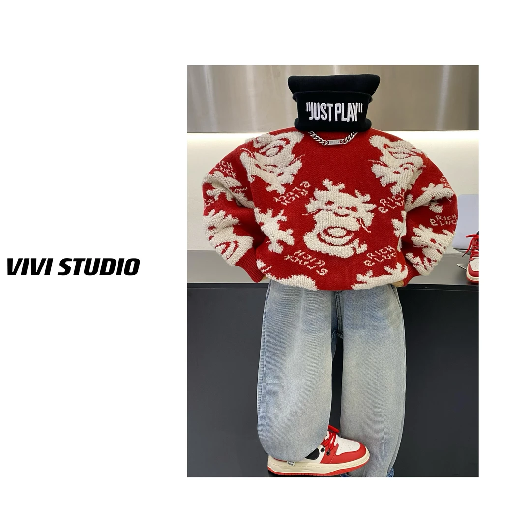 VIVI亲子装  「龙龙可爱」2023冬款童装提花工艺柔软圆领毛衣H4800