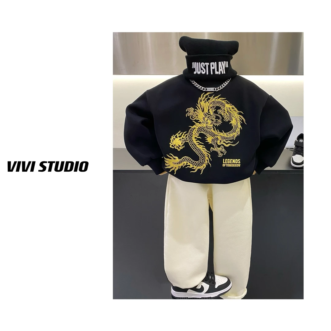 VIVI亲子装 「龙腾飞跃」2023冬款童装印花龙腾圆领黑色加绒卫衣