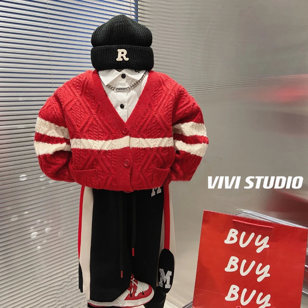 VIVI亲子装「小英伦」春款中大童V领菱形格柔软舒适毛衣开衫H3324