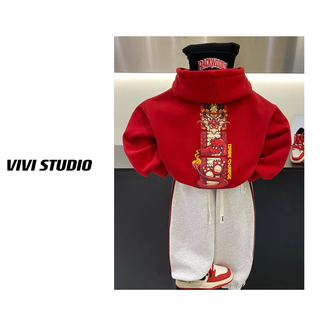 VIVI亲子装  「龙年霸气」2023冬款童装印花龙腾连帽加绒卫衣
