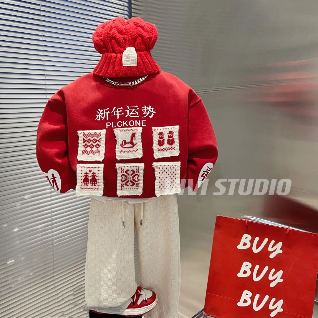 VIVI亲子装「新年运势」冬款中大童加绒加厚刺绣拼接卫衣H3193