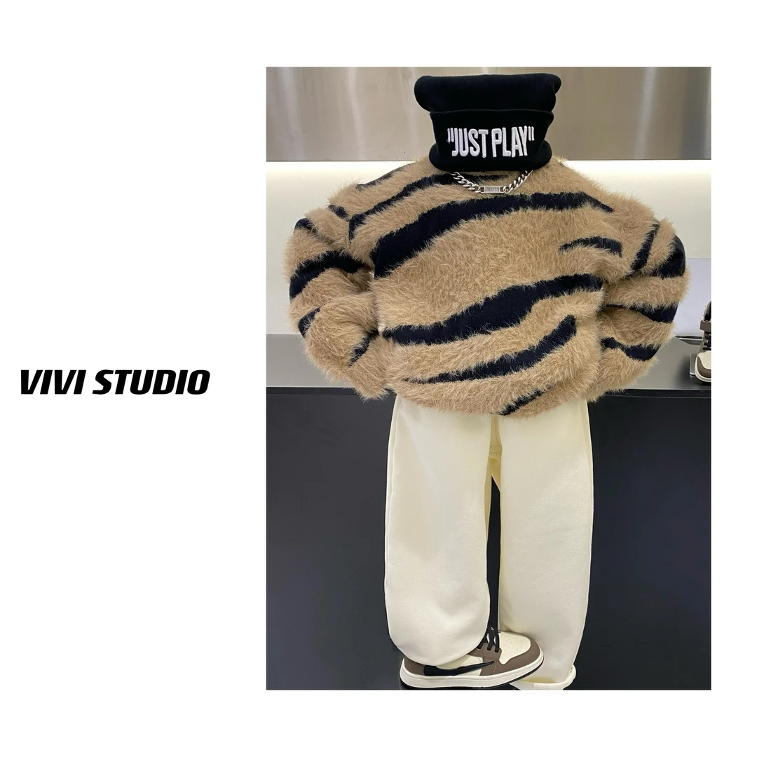 VIVI亲子装  「奶茶咖啡」2023冬款童装斑马纹拼接圆领毛衣H4930