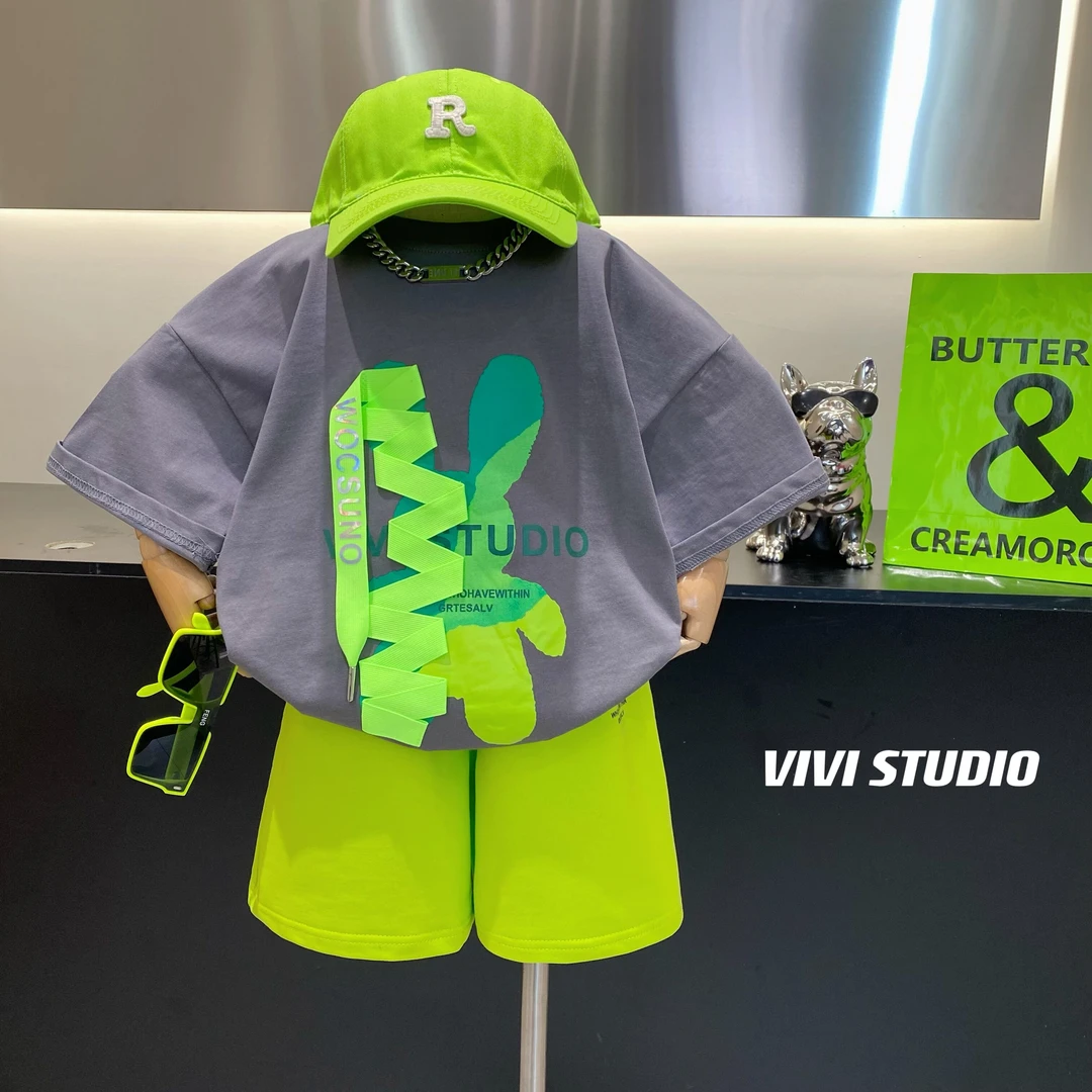 VIVI亲子装「兔兔宝宝」2023夏款童装刺绣短袖+运动短裤套装H4067