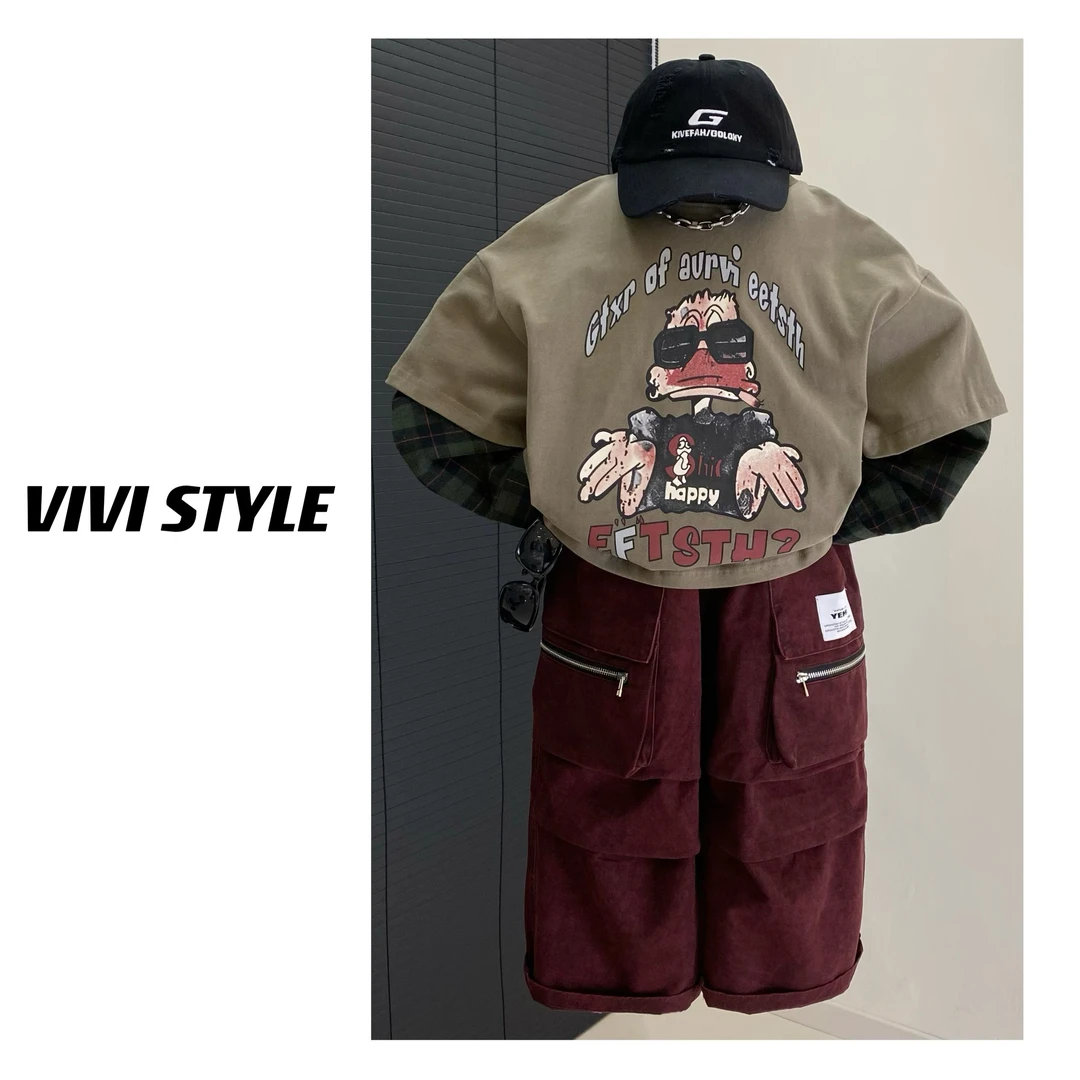 VIVI童装 秋款美式高街假两件衬衣拼接宽松百搭潮流中大童长袖