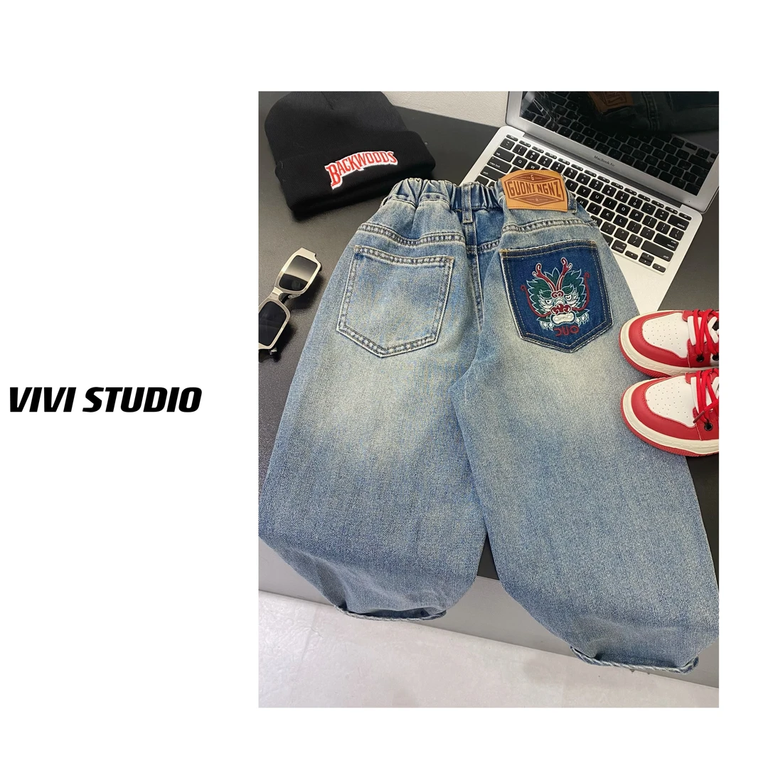 VIVI亲子装 「龙腾飞跃」2024年春款刺绣柔软舒适透气松紧牛仔长裤