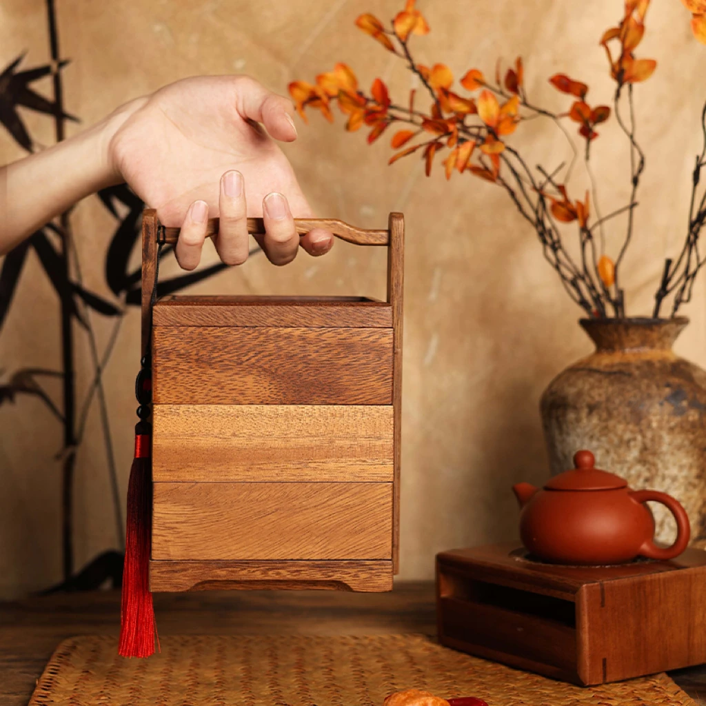 木质方形提篮多层手提篮中式复古食盒点心茶具收纳盒便携茶道零配