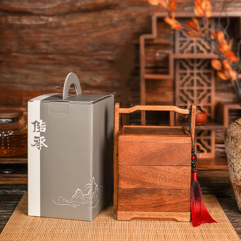 胡桃木手提食盒多层便携式提盒一体轻奢新中式点心收纳盒茶盒茶道