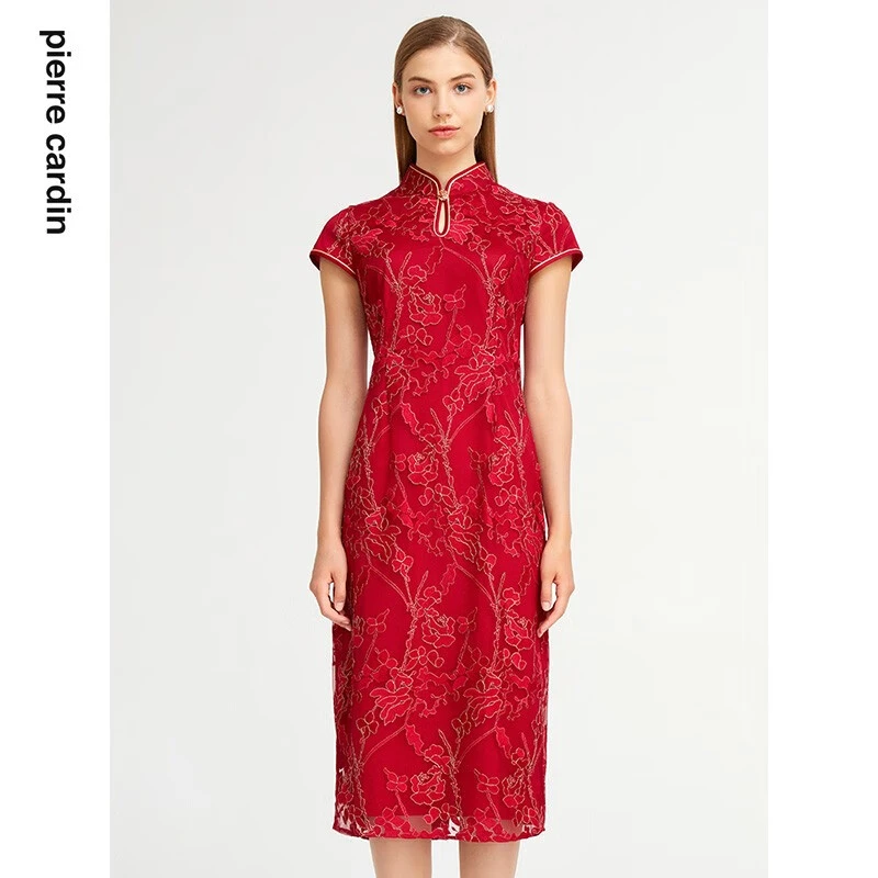 【皮尔卡丹女装】夏季小众蕾丝刺绣旗袍连衣裙【专柜正品】